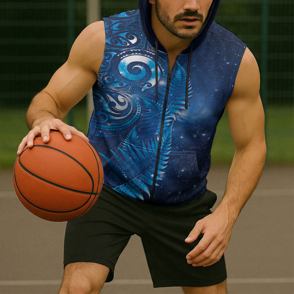 Aotearoa New Zealand New Year Sleeveless Zip Hoodie Tribal Koru Tattoo Blue Galaxy Maori Silver Fern LT03 - Polynesian Pride