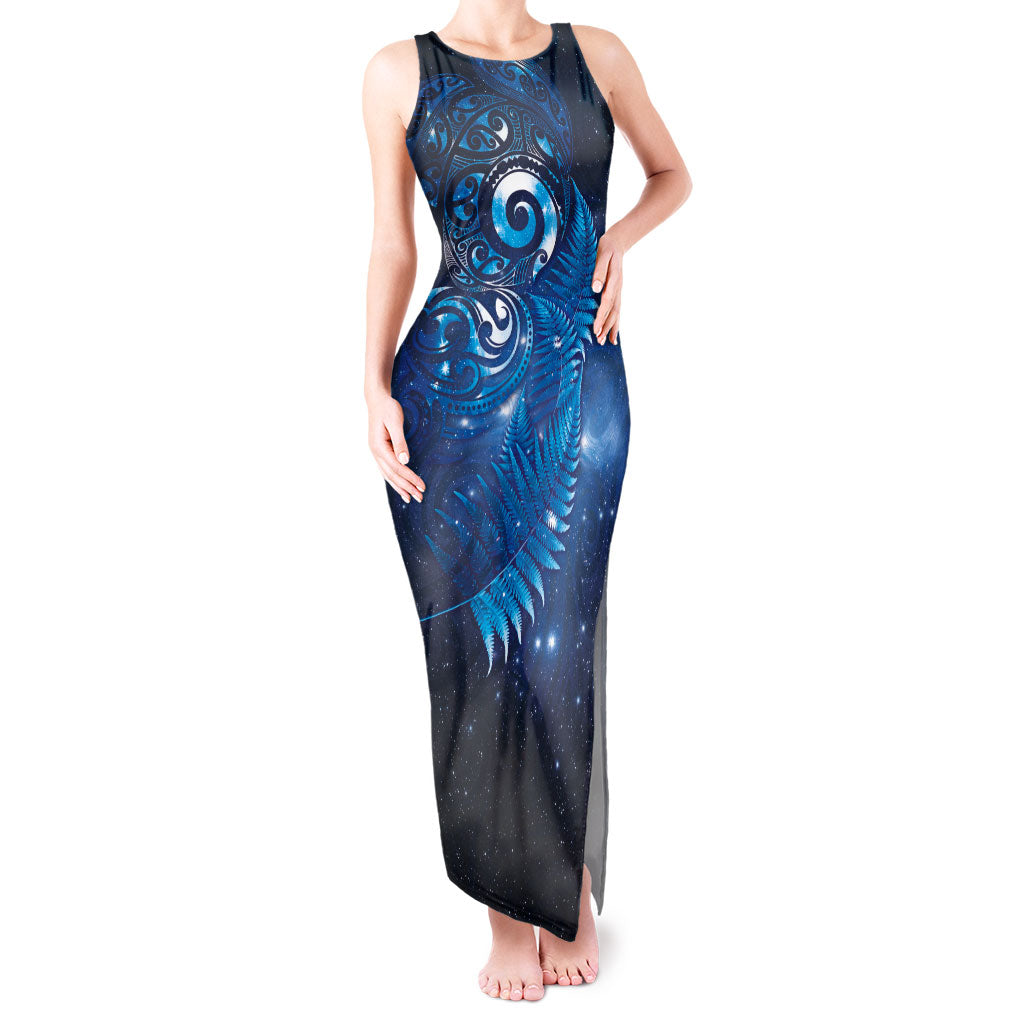 Aotearoa New Zealand New Year Tank Maxi Dress Tribal Koru Tattoo Blue Galaxy Maori Silver Fern