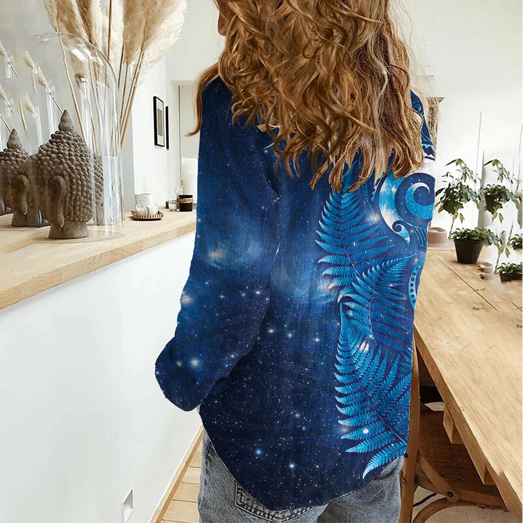 Aotearoa New Zealand New Year Women Casual Shirt Tribal Koru Tattoo Blue Galaxy Maori Silver Fern LT03 - Polynesian Pride