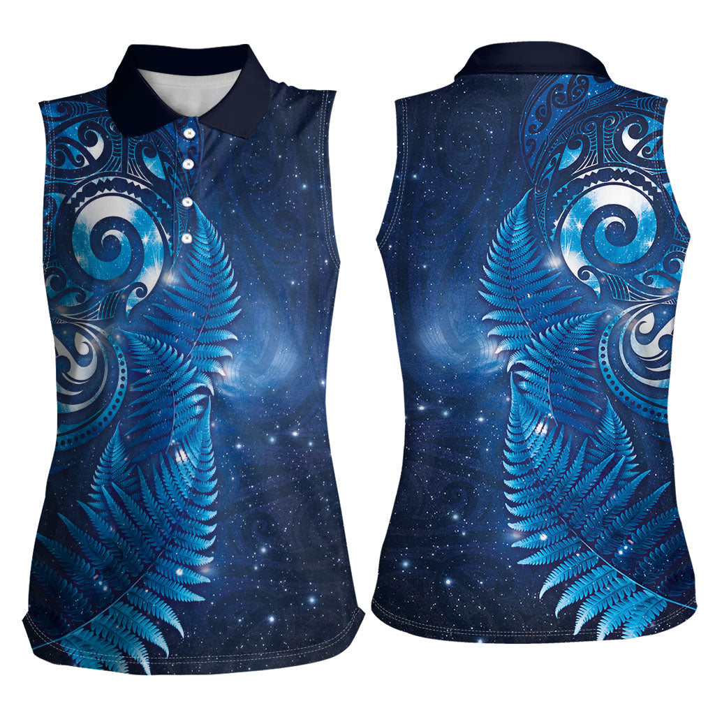 Aotearoa New Zealand New Year Women Sleeveless Polo Shirt Tribal Koru Tattoo Blue Galaxy Maori Silver Fern LT03 - Polynesian Pride