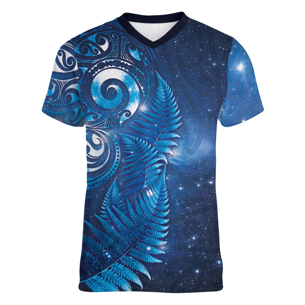 Aotearoa New Zealand New Year Women V-Neck T-Shirt Tribal Koru Tattoo Blue Galaxy Maori Silver Fern LT03 Female Blue - Polynesian Pride