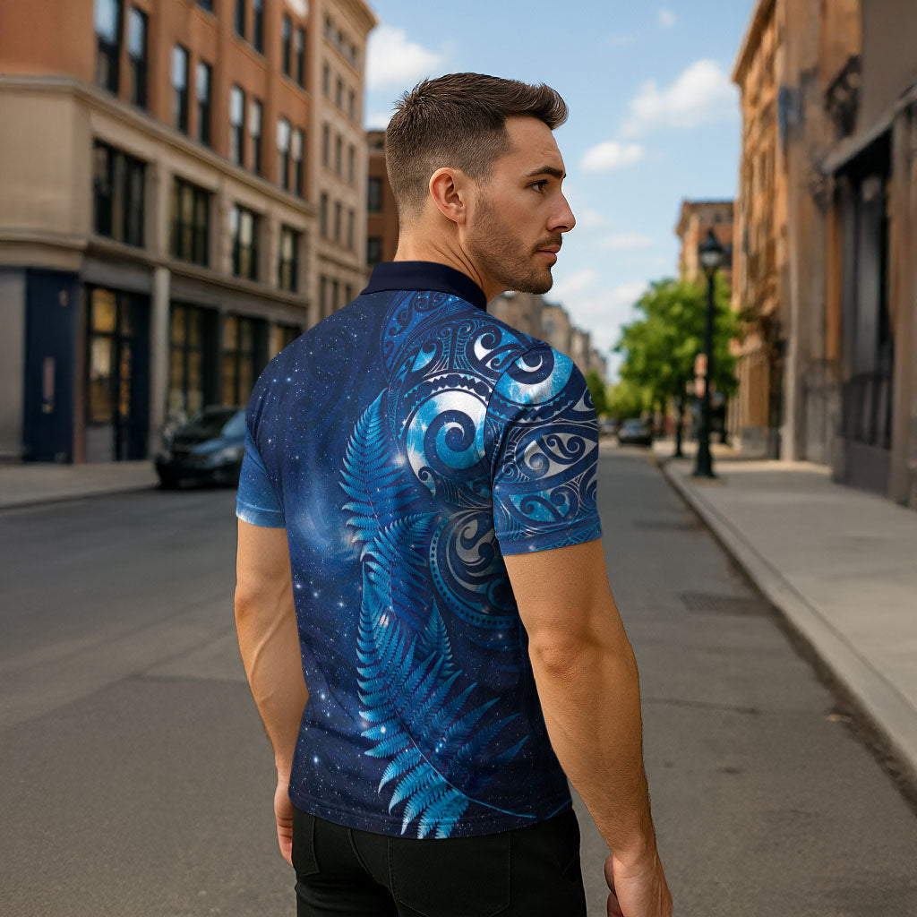 Aotearoa New Zealand New Year Zipper Polo Shirt Tribal Koru Tattoo Blue Galaxy Maori Silver Fern LT03 - Polynesian Pride