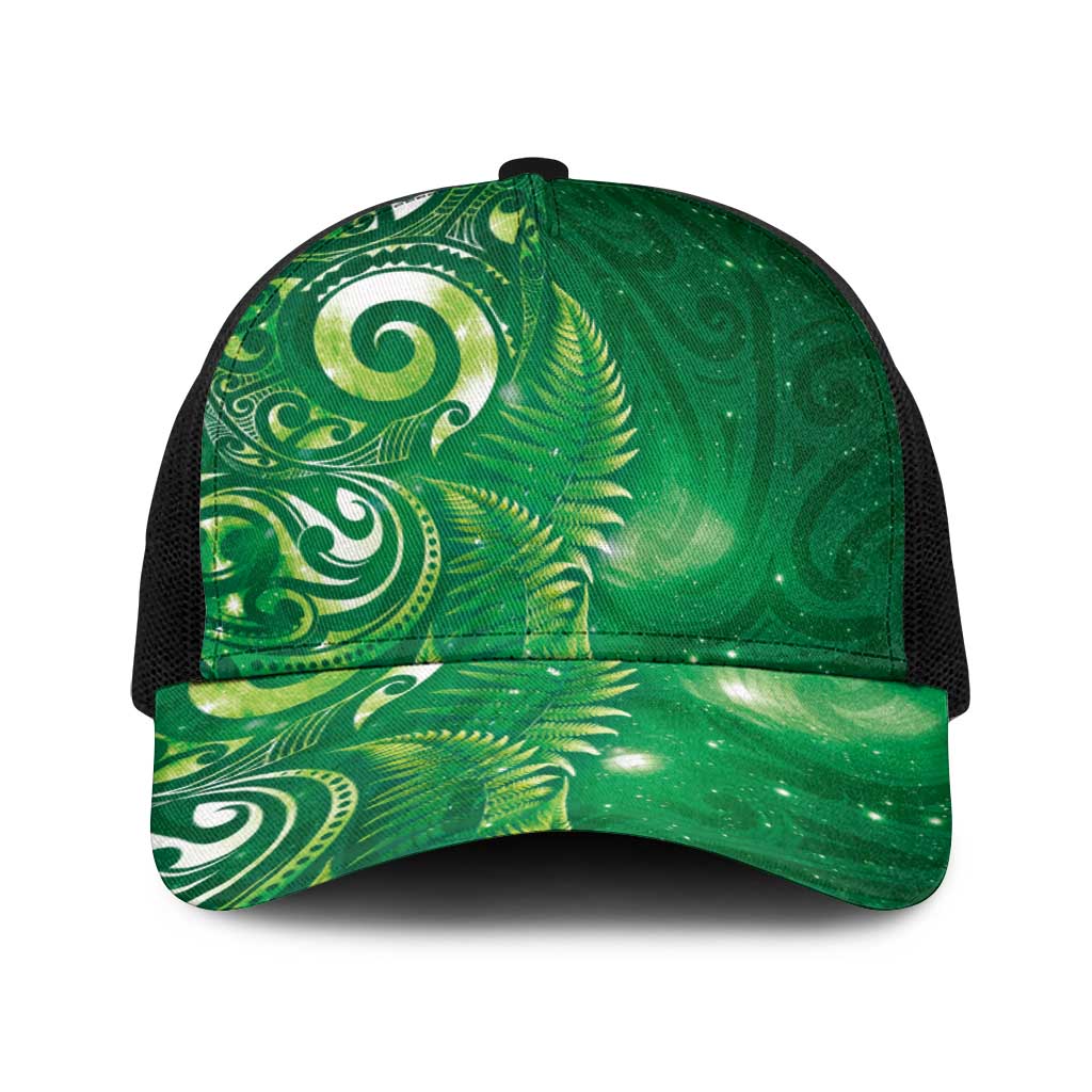 Aotearoa New Zealand New Year Baseball Net Cap Tribal Koru Tattoo Green Galaxy Maori Silver Fern