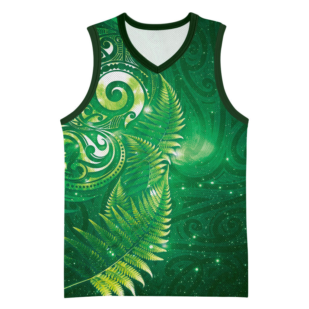 Aotearoa New Zealand New Year Basketball Jersey Tribal Koru Tattoo Green Galaxy Maori Silver Fern