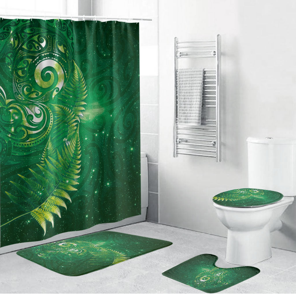 Aotearoa New Zealand New Year Bathroom Set Tribal Koru Tattoo Green Galaxy Maori Silver Fern