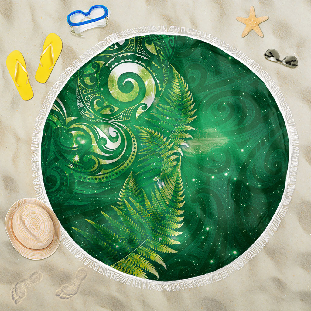 Aotearoa New Zealand New Year Beach Blanket Tribal Koru Tattoo Green Galaxy Maori Silver Fern