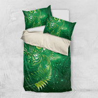 Aotearoa New Zealand New Year Bedding Set Tribal Koru Tattoo Green Galaxy Maori Silver Fern
