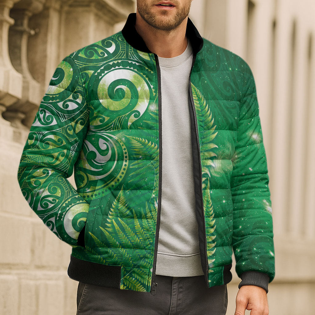 Aotearoa New Zealand New Year Bomber Puffer Jacket Tribal Koru Tattoo Green Galaxy Maori Silver Fern