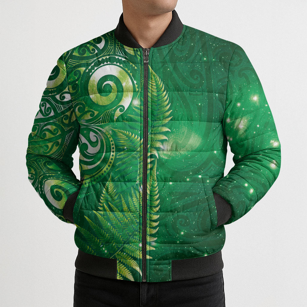 Aotearoa New Zealand New Year Bomber Puffer Jacket Tribal Koru Tattoo Green Galaxy Maori Silver Fern