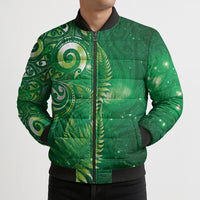 Aotearoa New Zealand New Year Bomber Puffer Jacket Tribal Koru Tattoo Green Galaxy Maori Silver Fern
