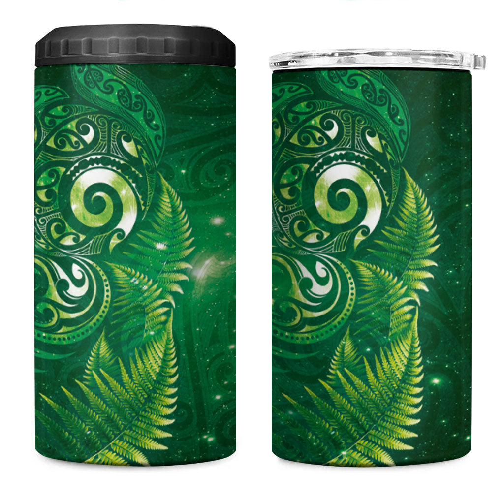 Aotearoa New Zealand New Year 4 in 1 Can Cooler Tumbler Tribal Koru Tattoo Green Galaxy Maori Silver Fern