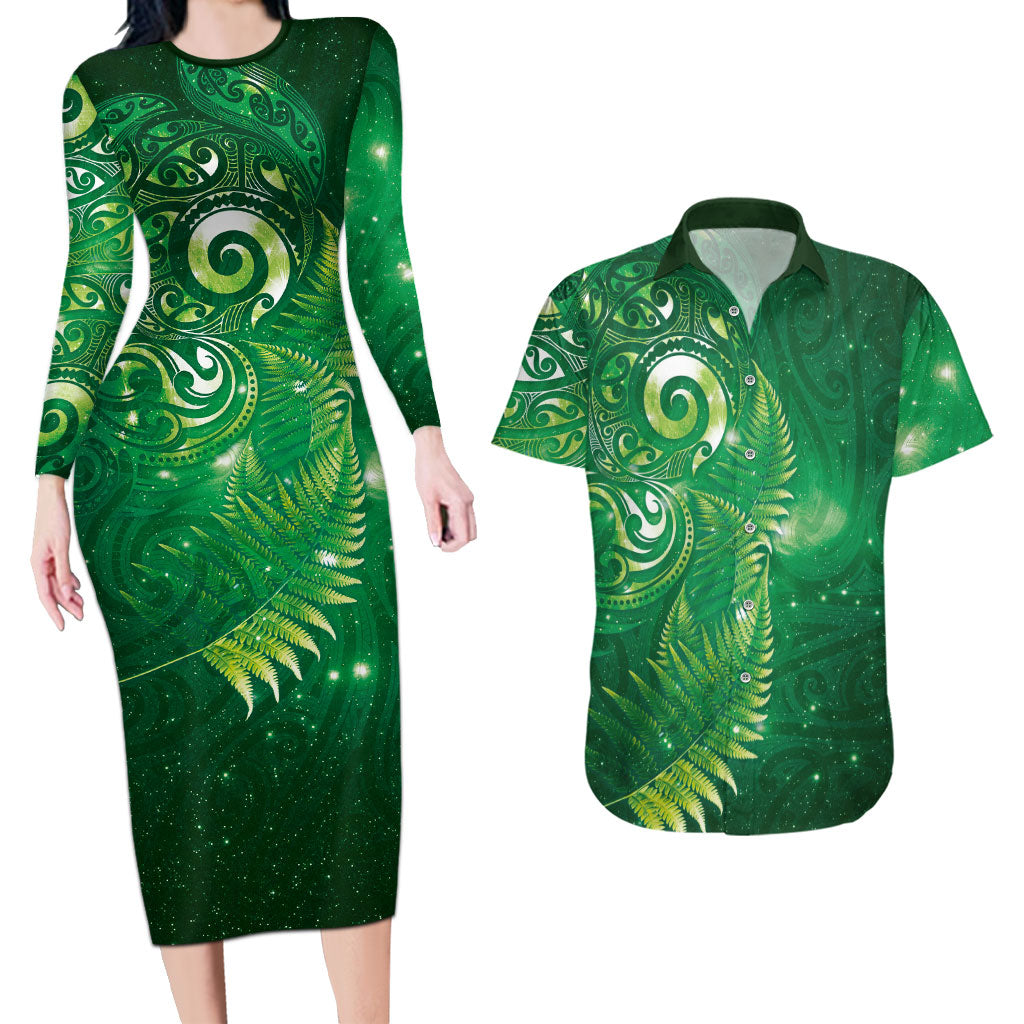 Aotearoa New Zealand New Year Couples Matching Long Sleeve Bodycon Dress and Hawaiian Shirt Tribal Koru Tattoo Green Galaxy Maori Silver Fern LT03 Green - Polynesian Pride