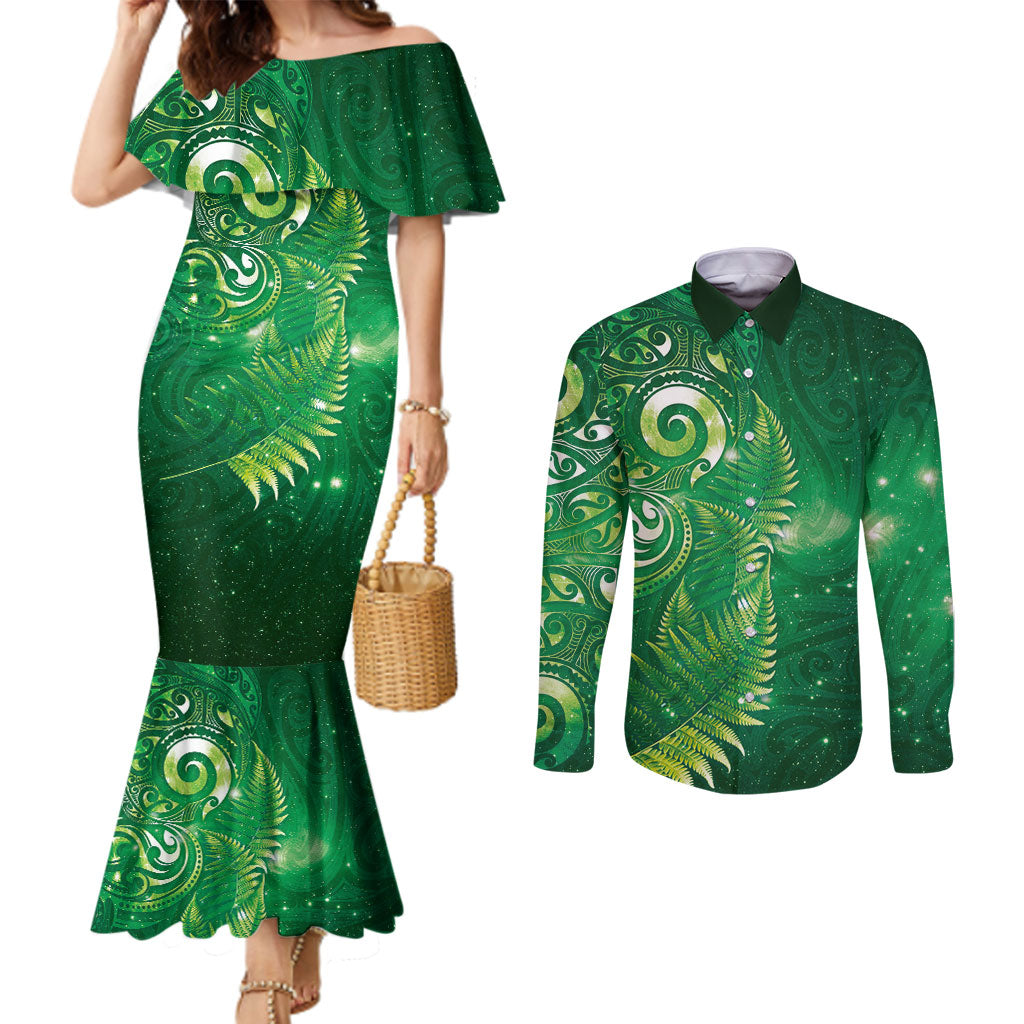 Aotearoa New Zealand New Year Couples Matching Mermaid Dress and Long Sleeve Button Shirt Tribal Koru Tattoo Green Galaxy Maori Silver Fern