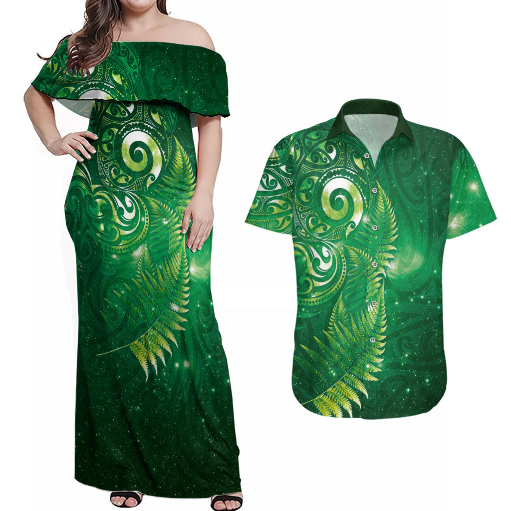 Aotearoa New Zealand New Year Couples Matching Off Shoulder Maxi Dress and Hawaiian Shirt Tribal Koru Tattoo Green Galaxy Maori Silver Fern