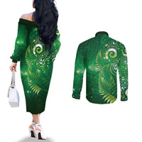 Aotearoa New Zealand New Year Couples Matching Off The Shoulder Long Sleeve Dress and Long Sleeve Button Shirt Tribal Koru Tattoo Green Galaxy Maori Silver Fern LT03 - Polynesian Pride