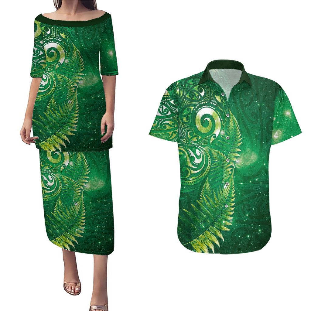 Aotearoa New Zealand New Year Couples Matching Puletasi and Hawaiian Shirt Tribal Koru Tattoo Green Galaxy Maori Silver Fern