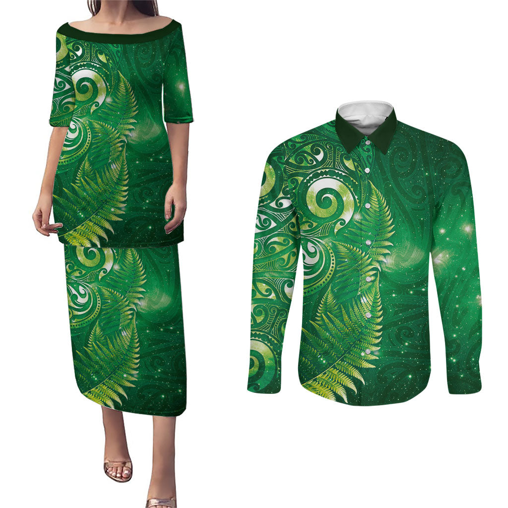 Aotearoa New Zealand New Year Couples Matching Puletasi and Long Sleeve Button Shirt Tribal Koru Tattoo Green Galaxy Maori Silver Fern