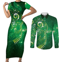 Aotearoa New Zealand New Year Couples Matching Short Sleeve Bodycon Dress and Long Sleeve Button Shirt Tribal Koru Tattoo Green Galaxy Maori Silver Fern LT03 Green - Polynesian Pride