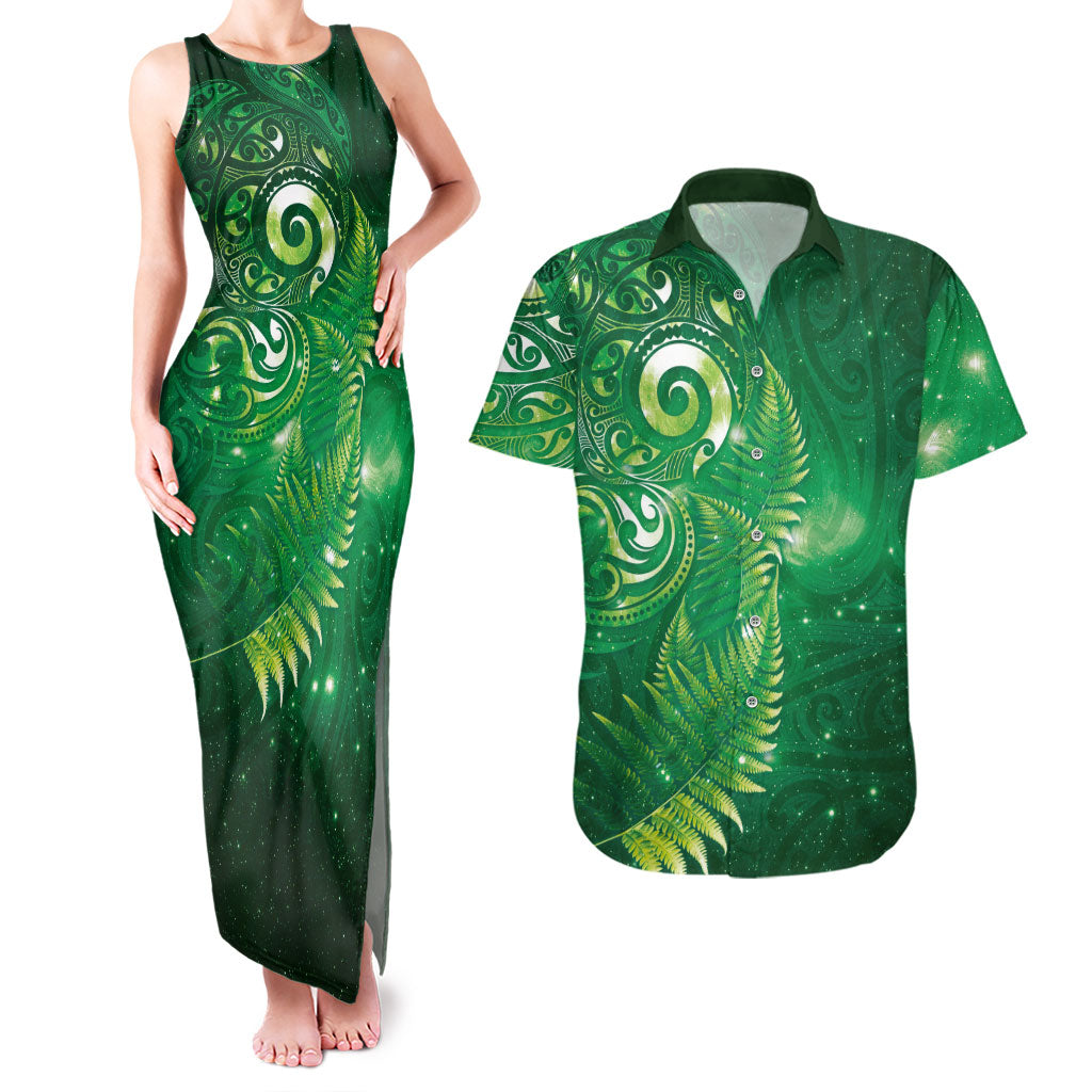 Aotearoa New Zealand New Year Couples Matching Tank Maxi Dress and Hawaiian Shirt Tribal Koru Tattoo Green Galaxy Maori Silver Fern LT03 Green - Polynesian Pride