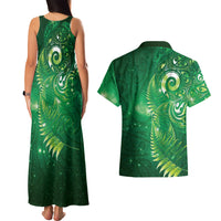 Aotearoa New Zealand New Year Couples Matching Tank Maxi Dress and Hawaiian Shirt Tribal Koru Tattoo Green Galaxy Maori Silver Fern LT03 - Polynesian Pride