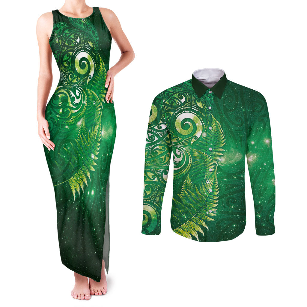 Aotearoa New Zealand New Year Couples Matching Tank Maxi Dress and Long Sleeve Button Shirt Tribal Koru Tattoo Green Galaxy Maori Silver Fern LT03 Green - Polynesian Pride