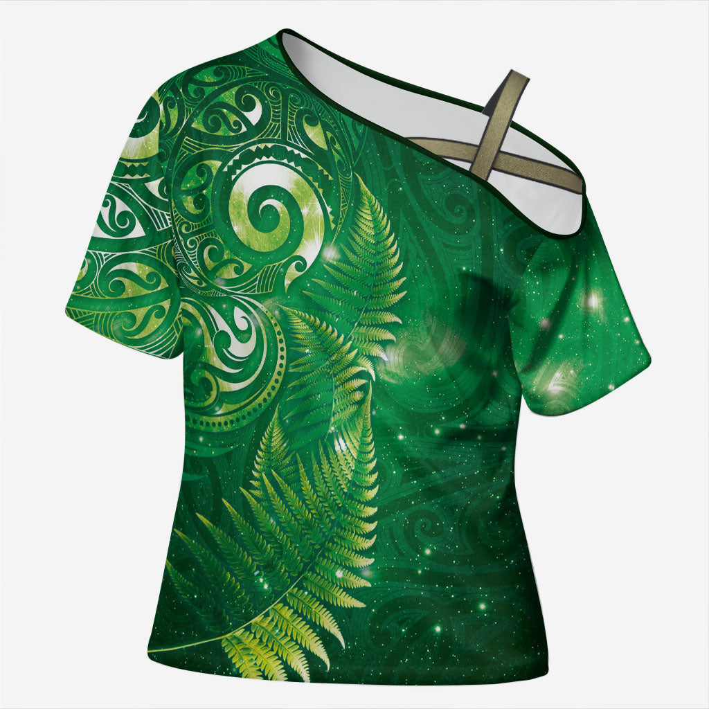 Aotearoa New Zealand New Year Cross Shoulder Shirt Tribal Koru Tattoo Green Galaxy Maori Silver Fern LT03 Female Green - Polynesian Pride