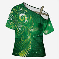 Aotearoa New Zealand New Year Cross Shoulder Shirt Tribal Koru Tattoo Green Galaxy Maori Silver Fern LT03 Female Green - Polynesian Pride