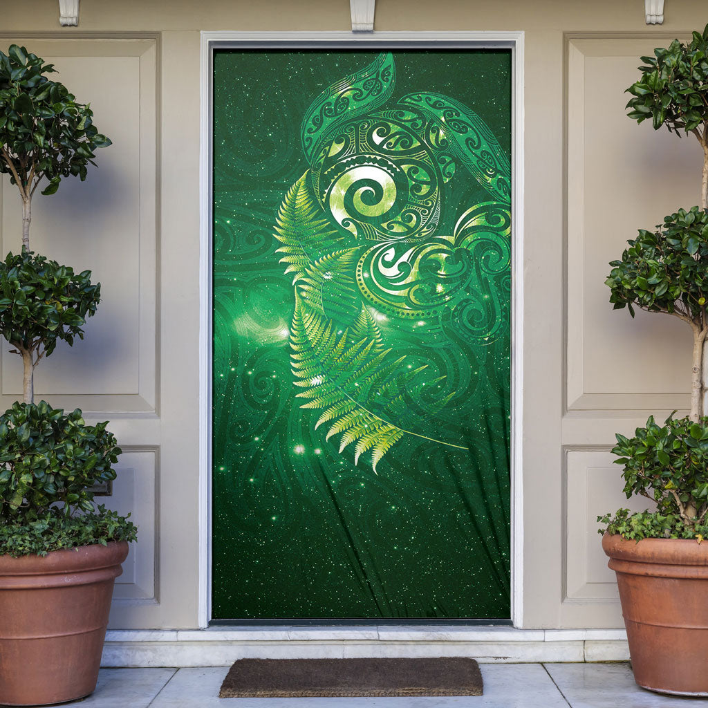 Aotearoa New Zealand New Year Door Cover Tribal Koru Tattoo Green Galaxy Maori Silver Fern LT03 Green - Polynesian Pride