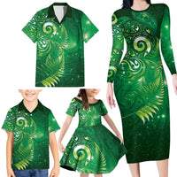 Aotearoa New Zealand New Year Family Matching Long Sleeve Bodycon Dress and Hawaiian Shirt Tribal Koru Tattoo Green Galaxy Maori Silver Fern LT03 - Polynesian Pride