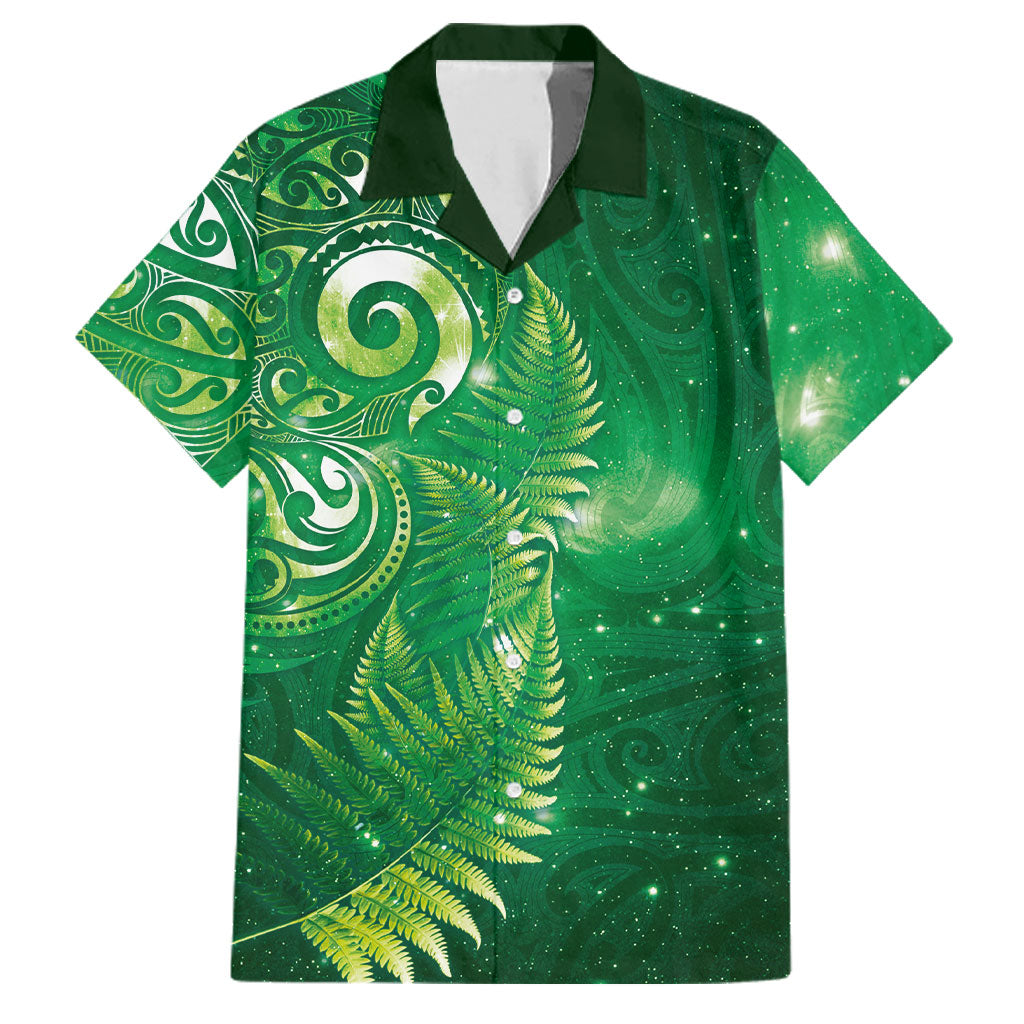 Aotearoa New Zealand New Year Family Matching Long Sleeve Bodycon Dress and Hawaiian Shirt Tribal Koru Tattoo Green Galaxy Maori Silver Fern LT03 Dad's Shirt - Short Sleeve Green - Polynesian Pride