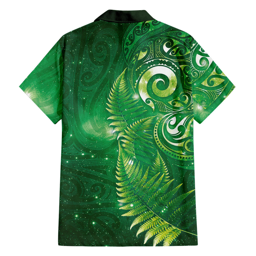 Aotearoa New Zealand New Year Family Matching Long Sleeve Bodycon Dress and Hawaiian Shirt Tribal Koru Tattoo Green Galaxy Maori Silver Fern LT03 - Polynesian Pride