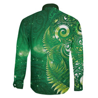 Aotearoa New Zealand New Year Family Matching Long Sleeve Bodycon Dress and Hawaiian Shirt Tribal Koru Tattoo Green Galaxy Maori Silver Fern LT03 - Polynesian Pride
