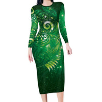 Aotearoa New Zealand New Year Family Matching Long Sleeve Bodycon Dress and Hawaiian Shirt Tribal Koru Tattoo Green Galaxy Maori Silver Fern LT03 Mom's Dress Green - Polynesian Pride