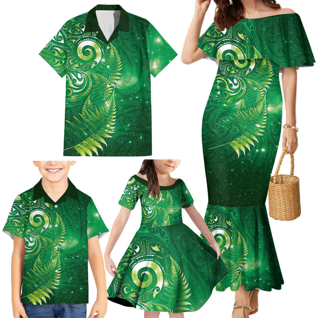 Aotearoa New Zealand New Year Family Matching Mermaid Dress and Hawaiian Shirt Tribal Koru Tattoo Green Galaxy Maori Silver Fern