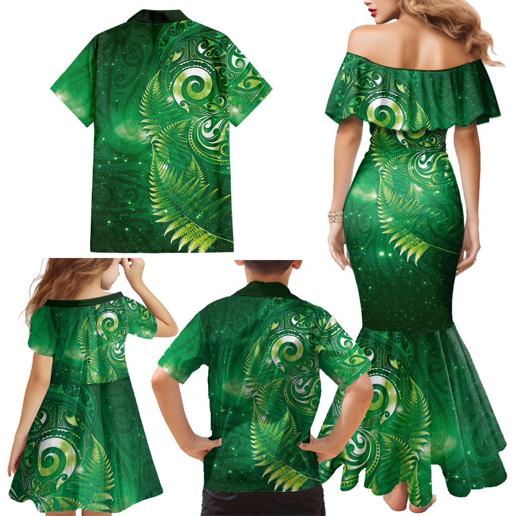 Aotearoa New Zealand New Year Family Matching Mermaid Dress and Hawaiian Shirt Tribal Koru Tattoo Green Galaxy Maori Silver Fern LT03 - Polynesian Pride