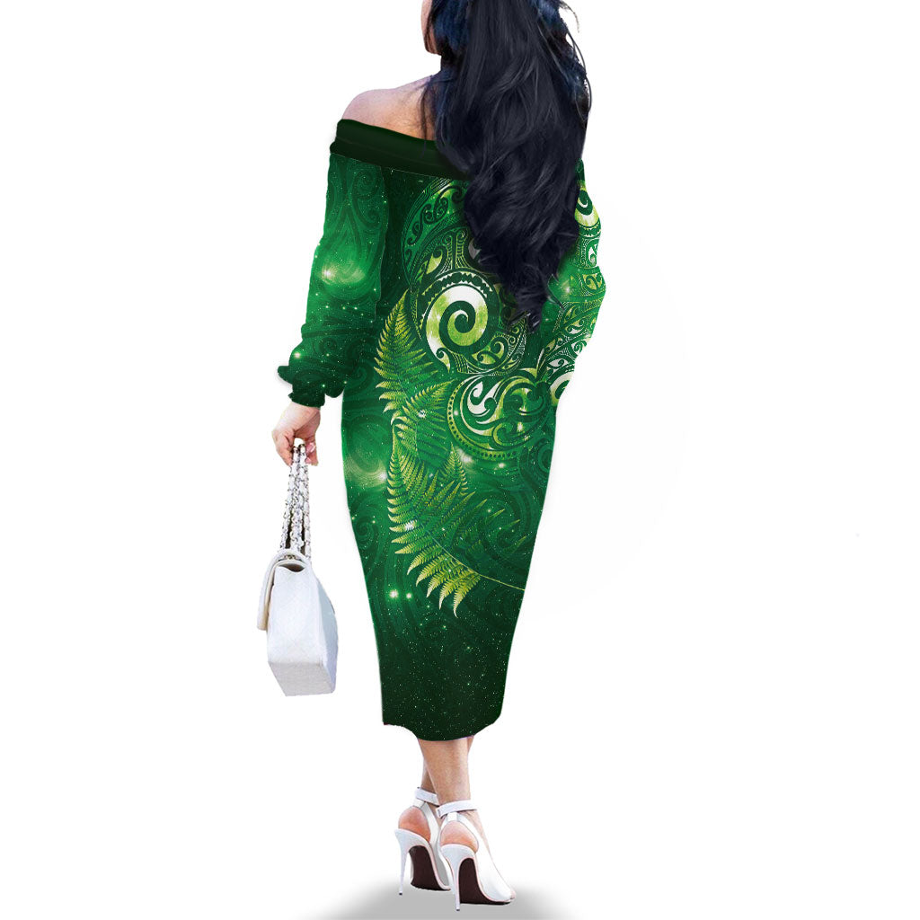Aotearoa New Zealand New Year Family Matching Off The Shoulder Long Sleeve Dress and Hawaiian Shirt Tribal Koru Tattoo Green Galaxy Maori Silver Fern LT03 - Polynesian Pride