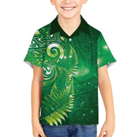 Aotearoa New Zealand New Year Family Matching Off The Shoulder Long Sleeve Dress and Hawaiian Shirt Tribal Koru Tattoo Green Galaxy Maori Silver Fern LT03 Son's Shirt Green - Polynesian Pride