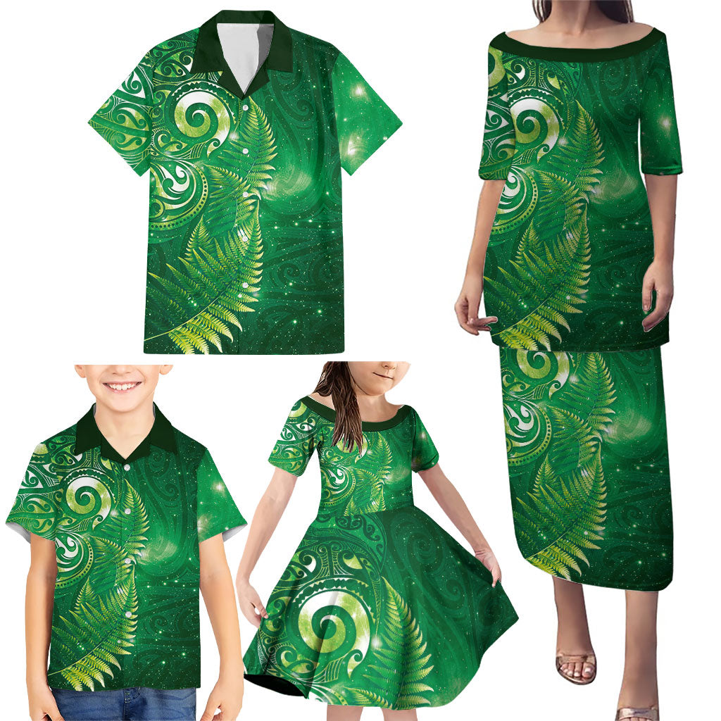 Aotearoa New Zealand New Year Family Matching Puletasi and Hawaiian Shirt Tribal Koru Tattoo Green Galaxy Maori Silver Fern
