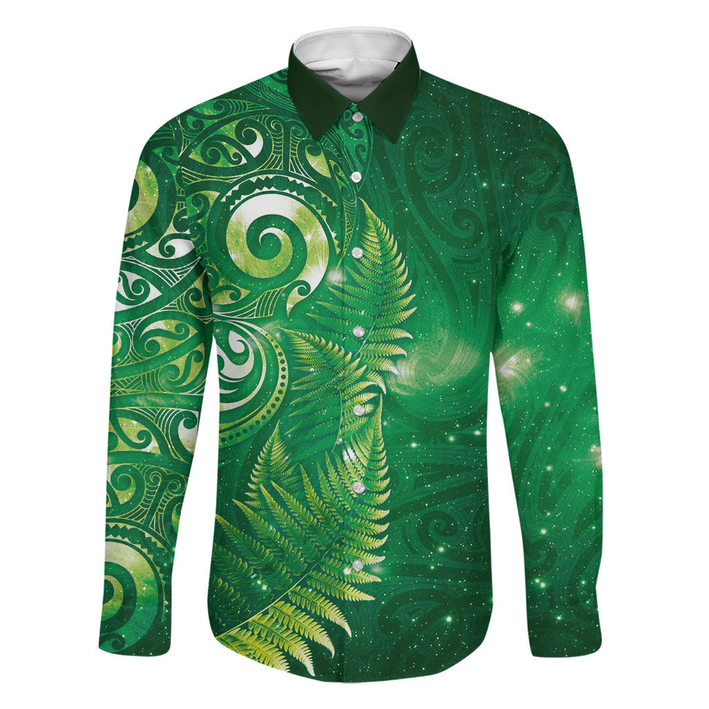 Aotearoa New Zealand New Year Family Matching Puletasi and Hawaiian Shirt Tribal Koru Tattoo Green Galaxy Maori Silver Fern LT03 Dad's Shirt - Long Sleeve Green - Polynesian Pride