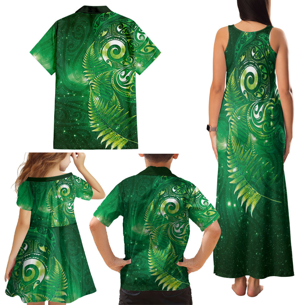 Aotearoa New Zealand New Year Family Matching Tank Maxi Dress and Hawaiian Shirt Tribal Koru Tattoo Green Galaxy Maori Silver Fern LT03 - Polynesian Pride