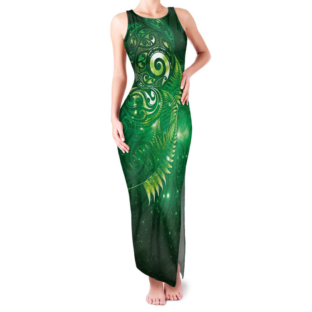 Aotearoa New Zealand New Year Family Matching Tank Maxi Dress and Hawaiian Shirt Tribal Koru Tattoo Green Galaxy Maori Silver Fern LT03 Mom's Dress Green - Polynesian Pride