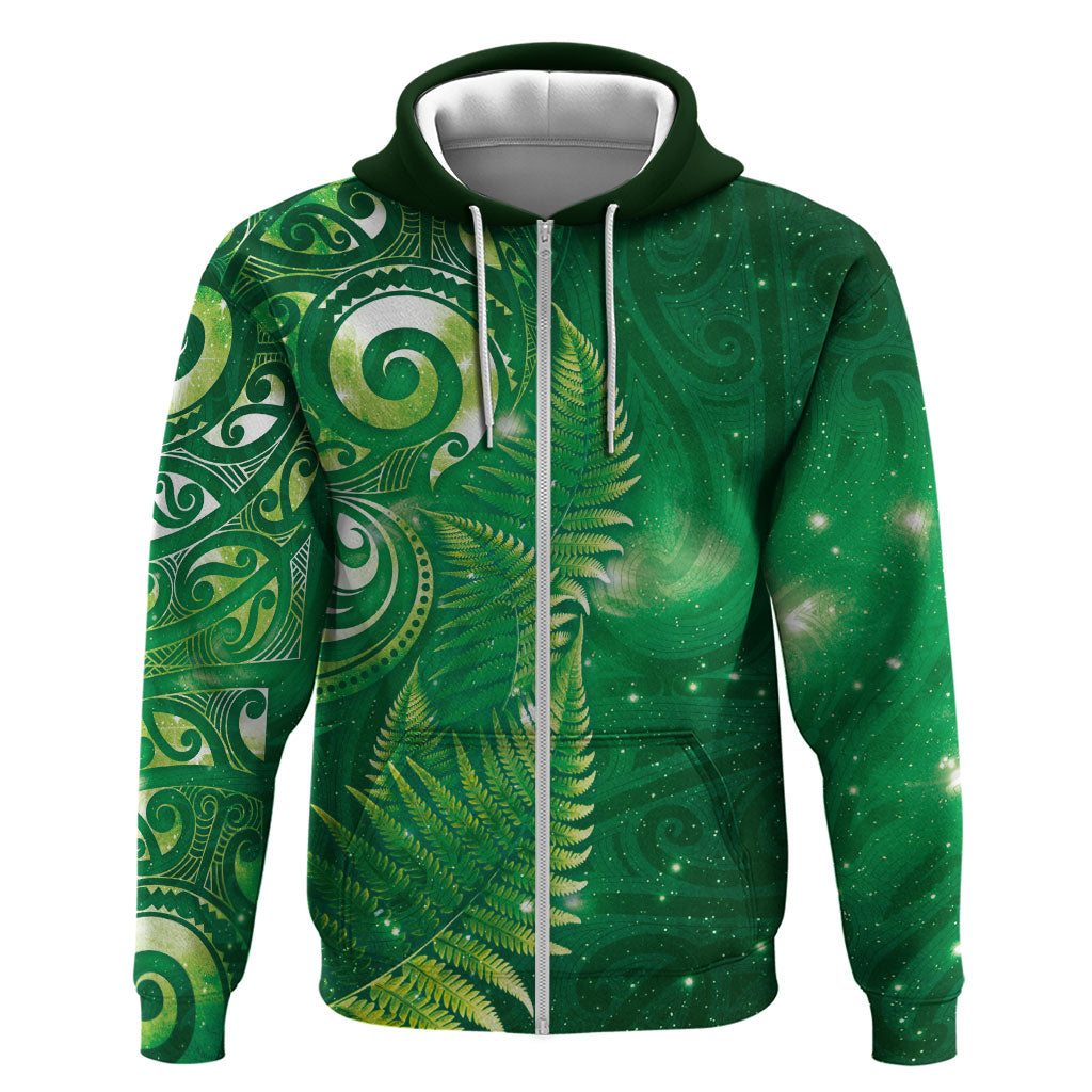 Aotearoa New Zealand New Year Hoodie Tribal Koru Tattoo Green Galaxy Maori Silver Fern LT03 Zip Hoodie Green - Polynesian Pride