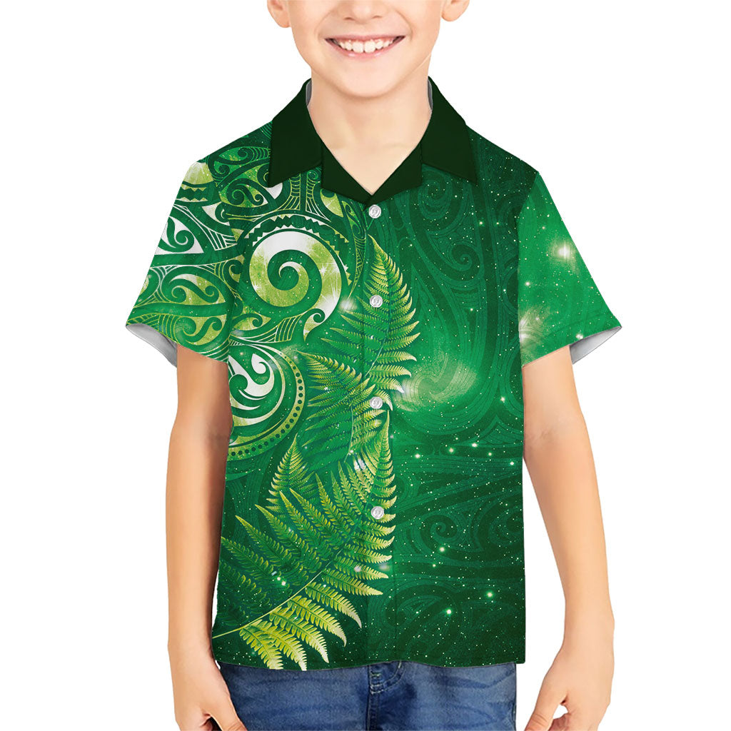 Aotearoa New Zealand New Year Kid Hawaiian Shirt Tribal Koru Tattoo Green Galaxy Maori Silver Fern
