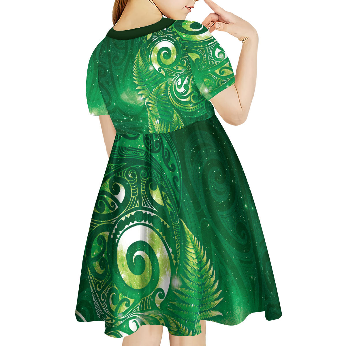 Aotearoa New Zealand New Year Kid Short Sleeve Dress Tribal Koru Tattoo Green Galaxy Maori Silver Fern LT03 - Polynesian Pride