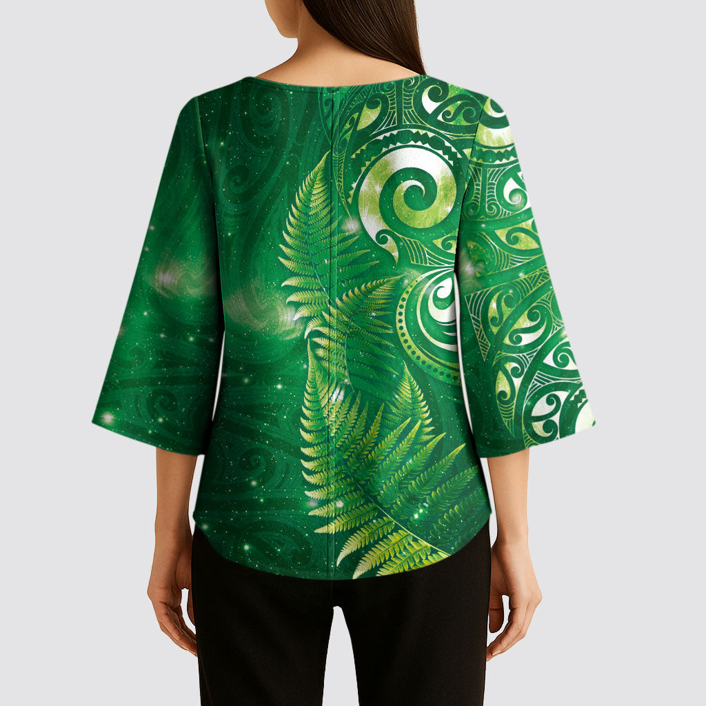 Aotearoa New Zealand New Year Kimono Sleeve Blouse Tribal Koru Tattoo Green Galaxy Maori Silver Fern LT03 - Polynesian Pride