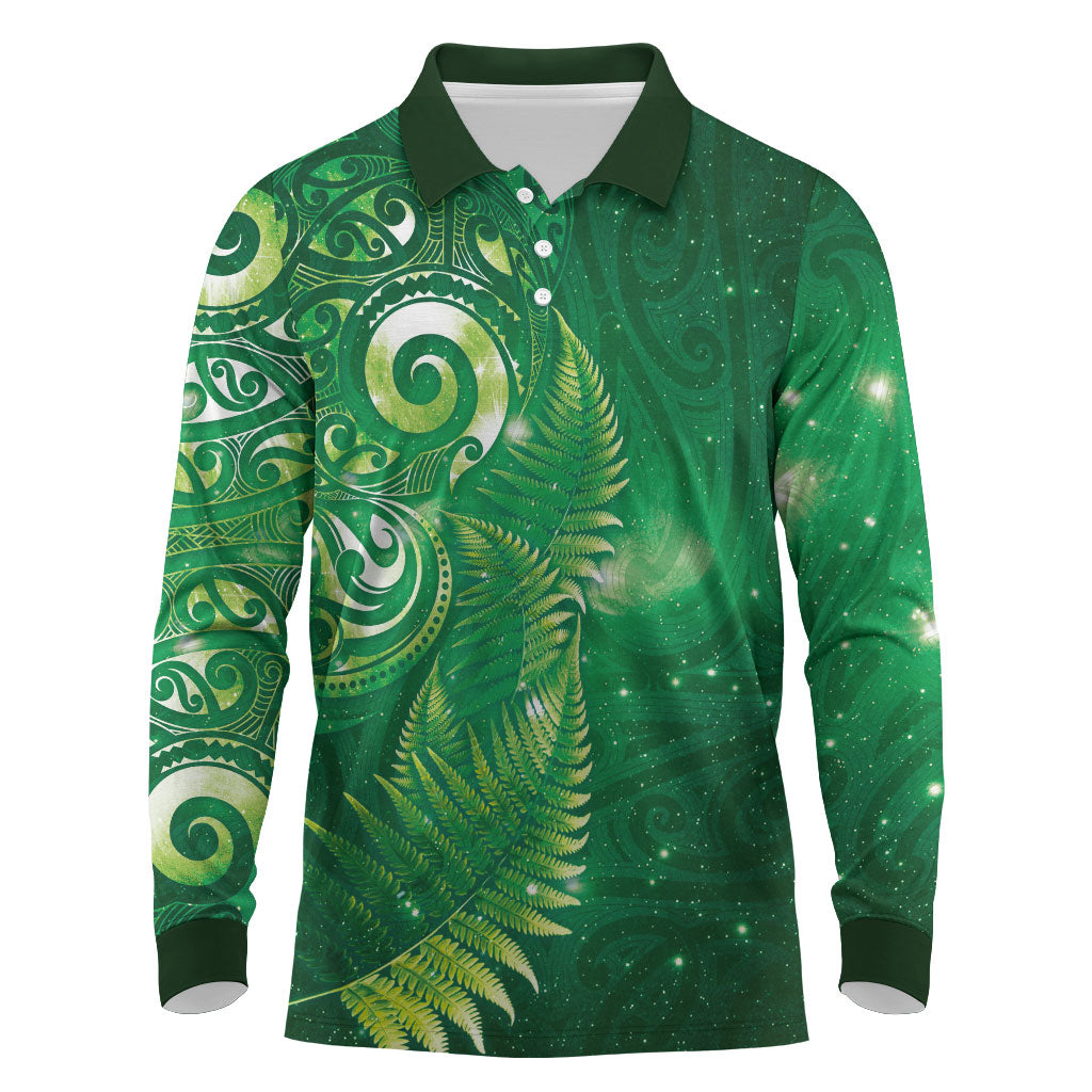 Aotearoa New Zealand New Year Long Sleeve Polo Shirt Tribal Koru Tattoo Green Galaxy Maori Silver Fern LT03 Green - Polynesian Pride