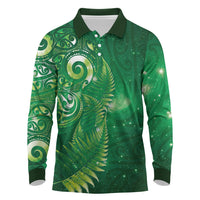 Aotearoa New Zealand New Year Long Sleeve Polo Shirt Tribal Koru Tattoo Green Galaxy Maori Silver Fern LT03 Green - Polynesian Pride