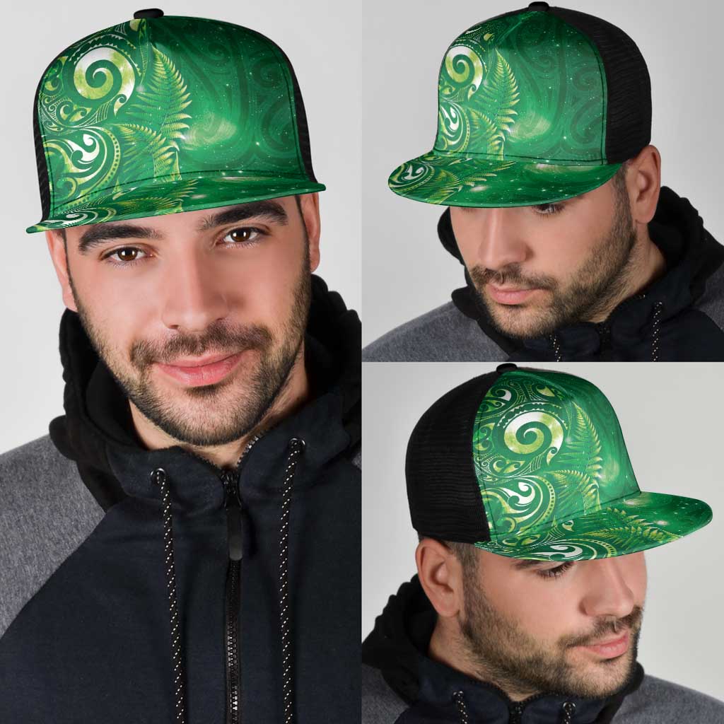 Aotearoa New Zealand New Year Mesh Trucker Cap Tribal Koru Tattoo Green Galaxy Maori Silver Fern