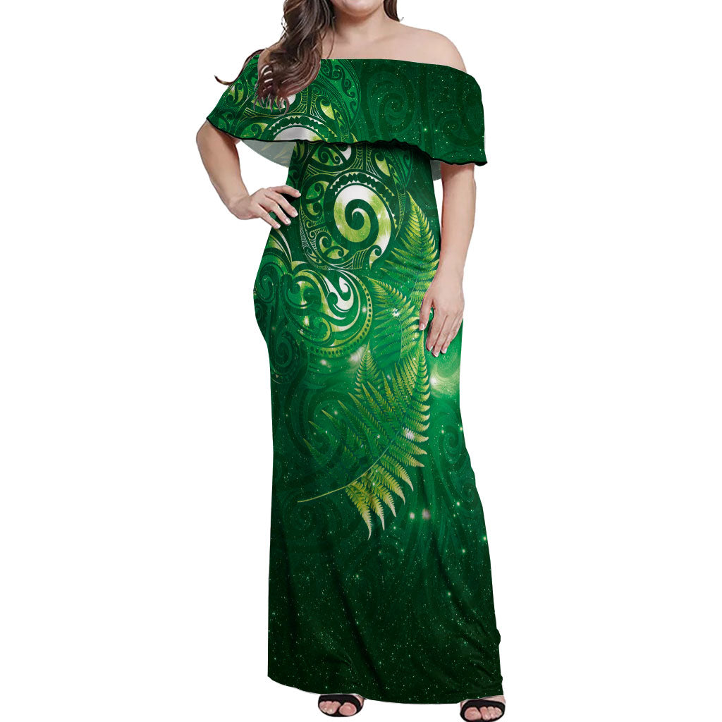 Aotearoa New Zealand New Year Off Shoulder Maxi Dress Tribal Koru Tattoo Green Galaxy Maori Silver Fern LT03 Women Green - Polynesian Pride