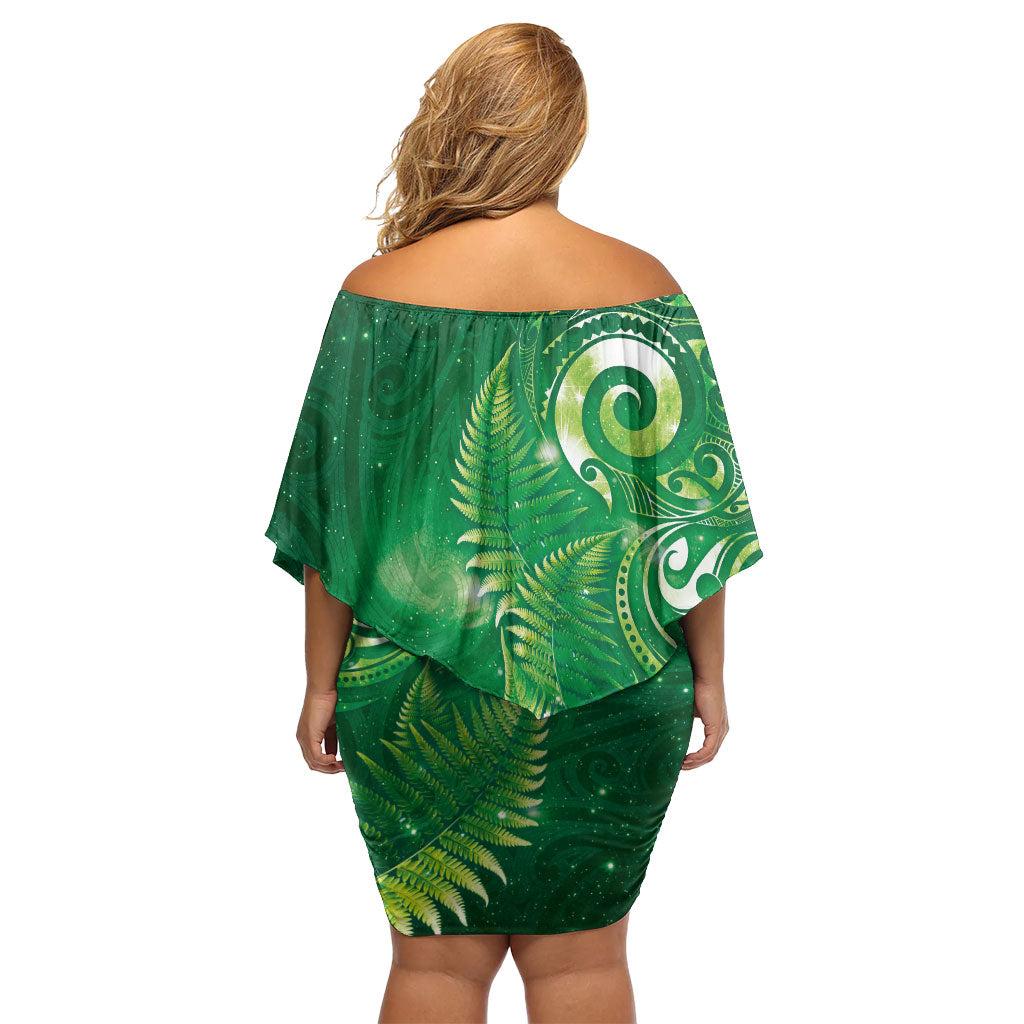 Aotearoa New Zealand New Year Off Shoulder Short Dress Tribal Koru Tattoo Green Galaxy Maori Silver Fern LT03 - Polynesian Pride